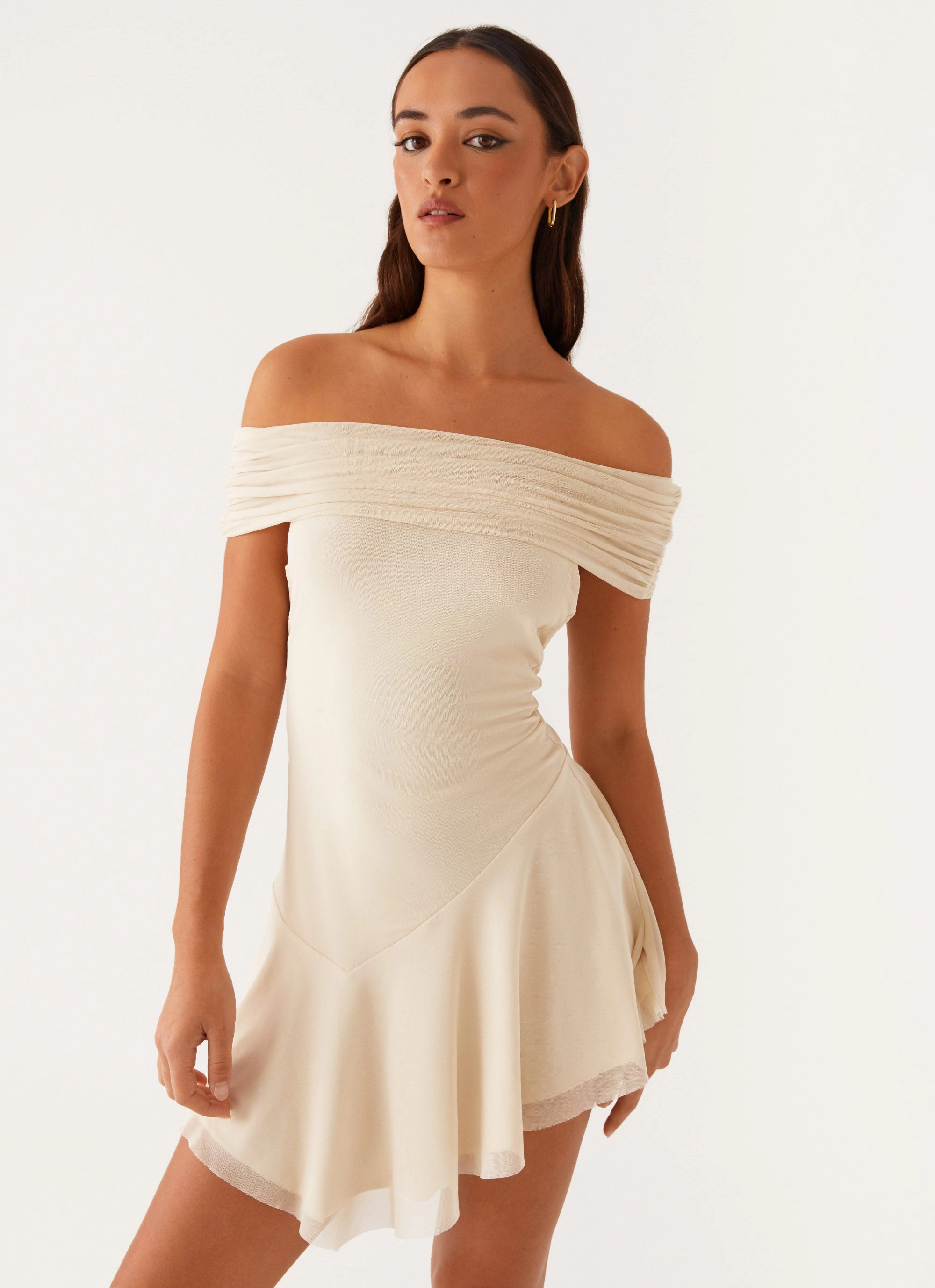 Finola Off Shoulder Mini Dress - Pastel Yellow Soft Hue Event Perfect