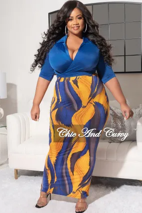 Final Sale Plus Size 2pc Short Sleeve Crop Tie Top and Pencil Skirt in Royal Blue and Mustard Design Print Cuffed hem Comfy Active