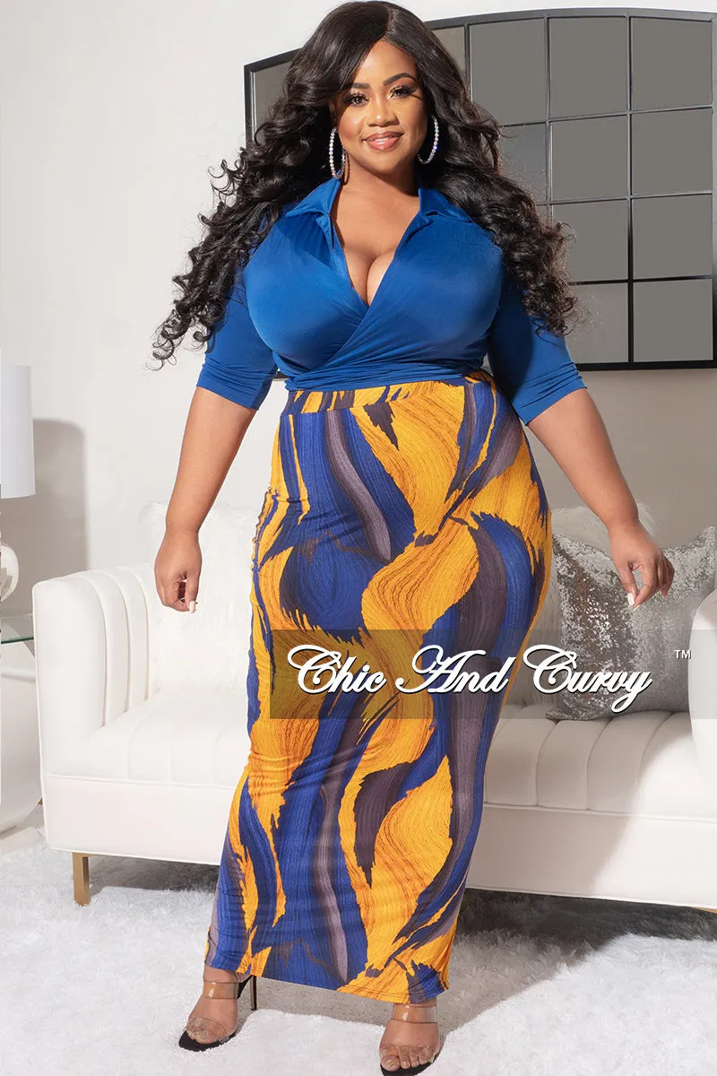 Fit For Movement Final Sale Plus Size 2pc Short Sleeve Crop Tie Top and Pencil Skirt in Royal Blue and Mustard Design Print