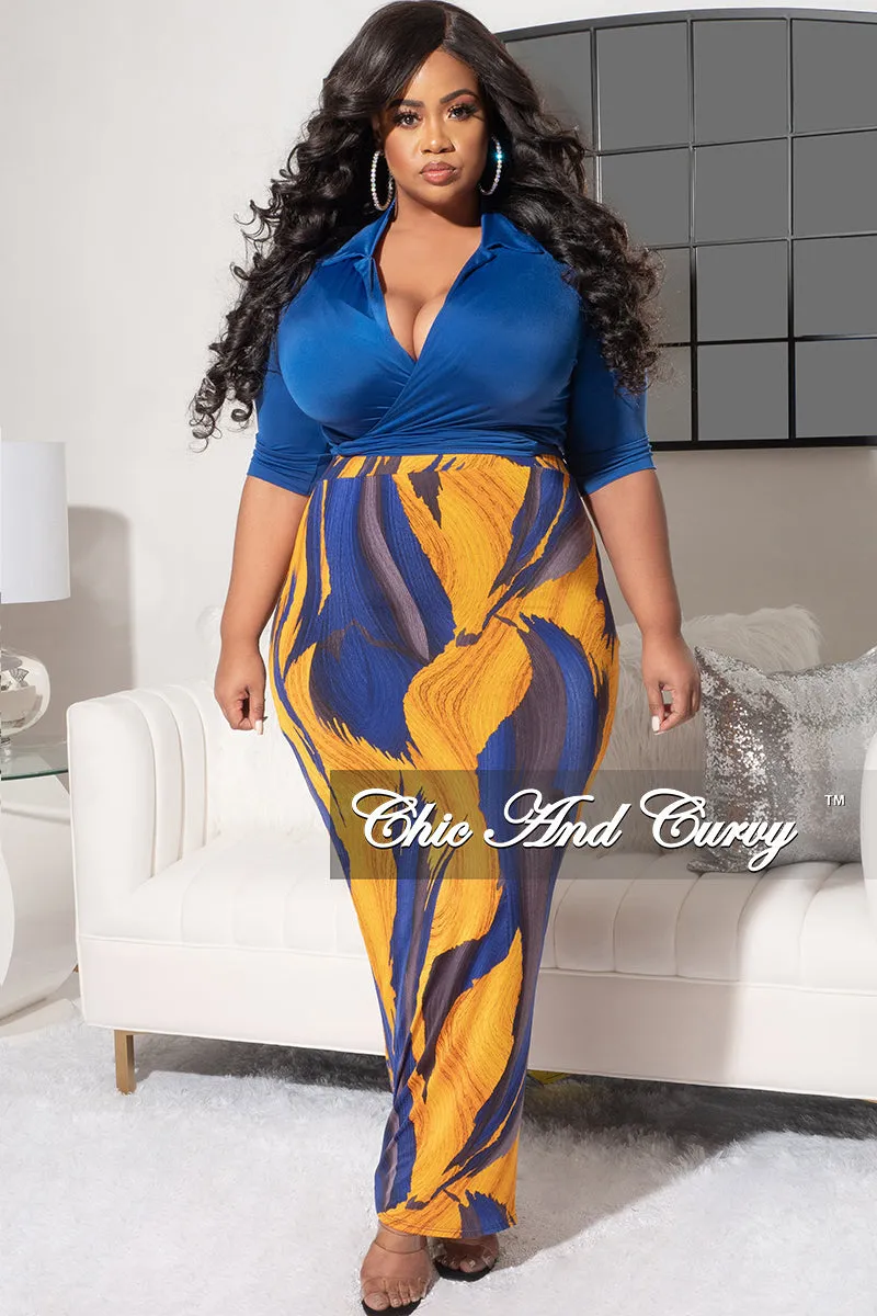 ComfortWaistband Final Sale Plus Size 2pc Short Sleeve Crop Tie Top and Pencil Skirt in Royal Blue and Mustard Design Print