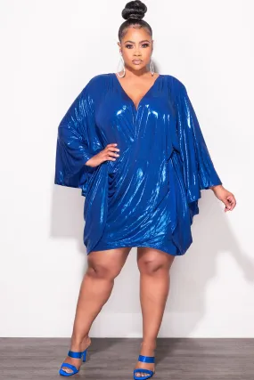 Final Sale Plus Size Draping Mini Dress in Metallic Royal Blue Solid shade No Ride-Up