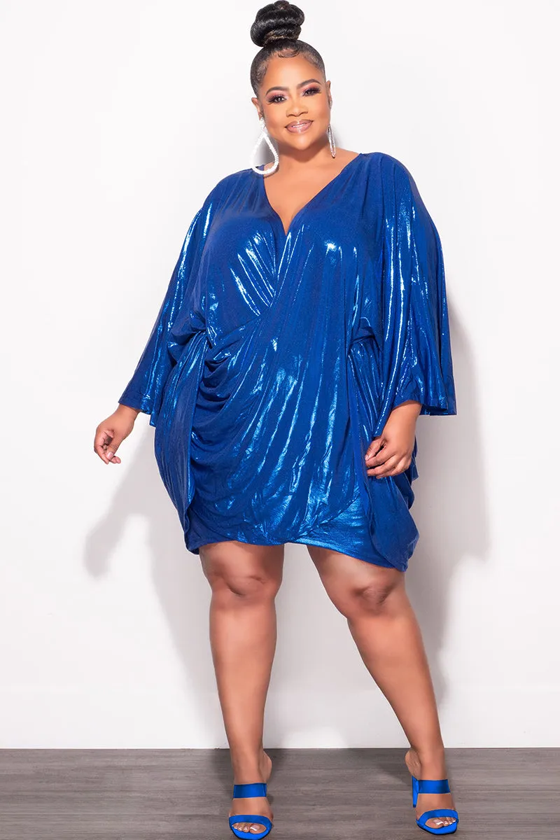 Final Sale Plus Size Draping Mini Dress in Metallic Royal Blue Functional Fit