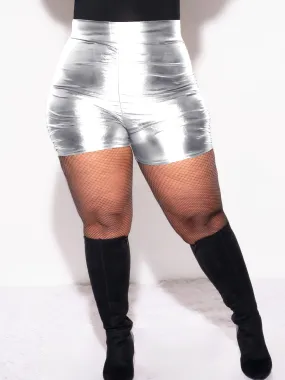 Adjustable drawstring Cozy Waist Final Sale Plus Size Faux Leather Shorts with Ruched Sides in Silver