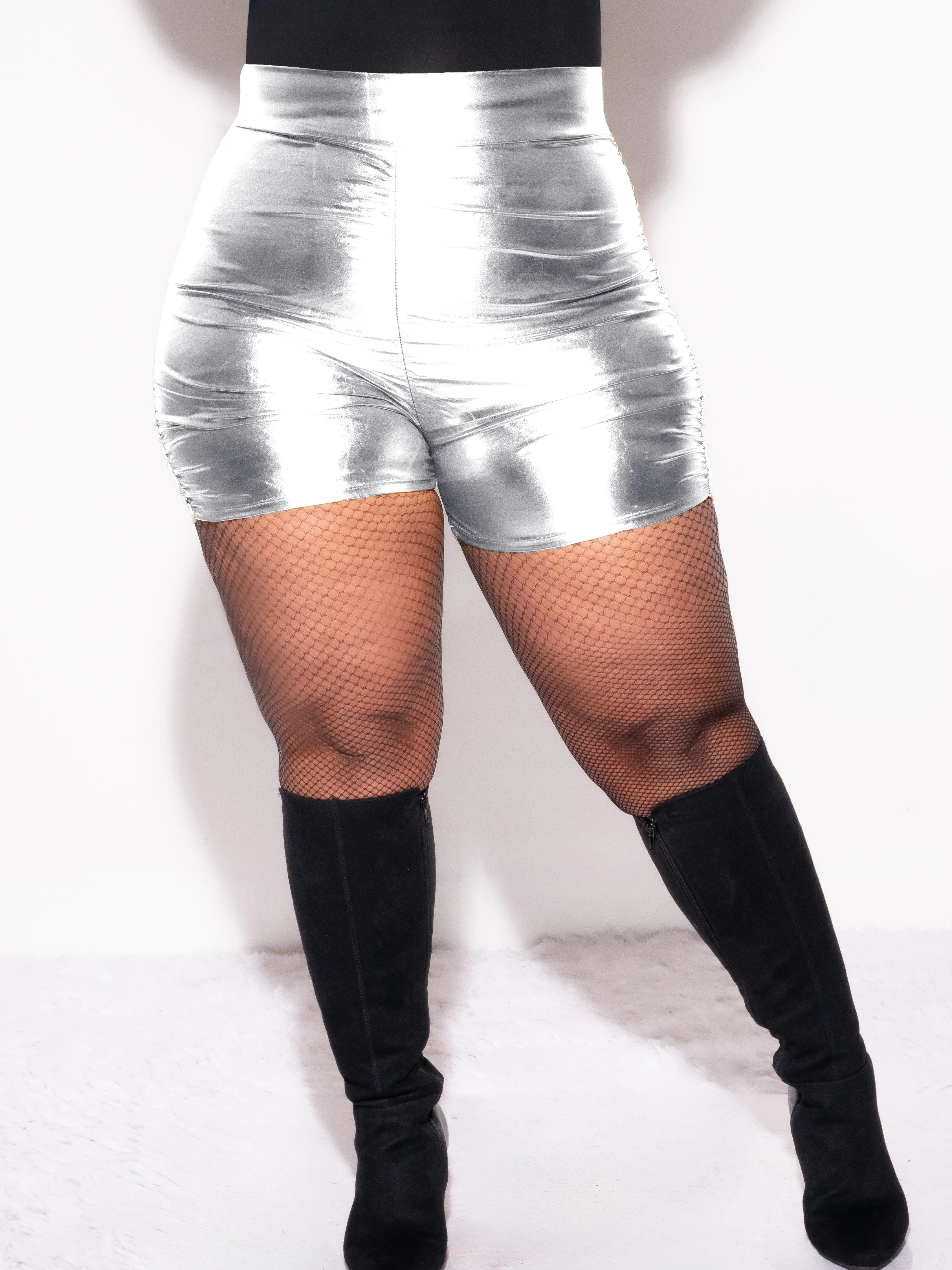Final Sale Plus Size Faux Leather Shorts with Ruched Sides in Silver Comfortable Fashion Comfort Fit Wear