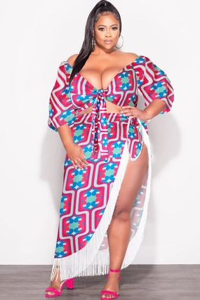 Final Sale Plus Size 2pc Stain Set (Crop Tie Top and Fringe Trim Skirt) in Magenta Design Print Compact Fit