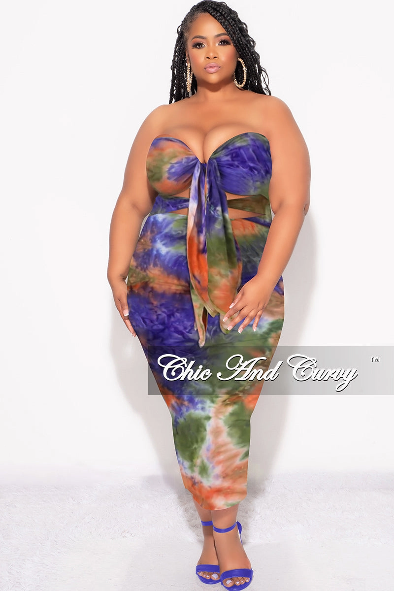 Final Sale Plus Size Strapless Bodycon Dress with Double Tie in Orange, Purple, & Olive Tie Dye Water Repellent Coating Simple Silhouette