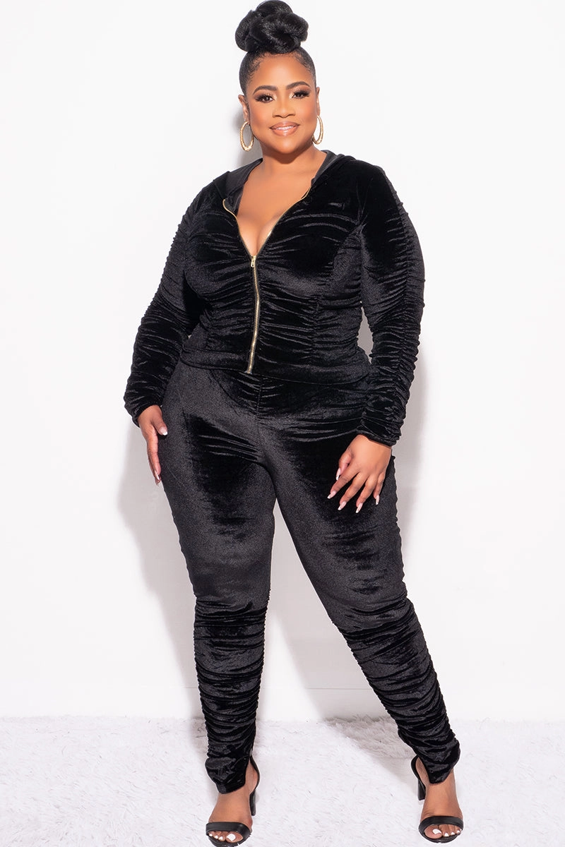 Final Sale Plus Size 2pc Ruched Hooded Zip-Up Top and Pants Set in Black Velvet All Purpose Fit