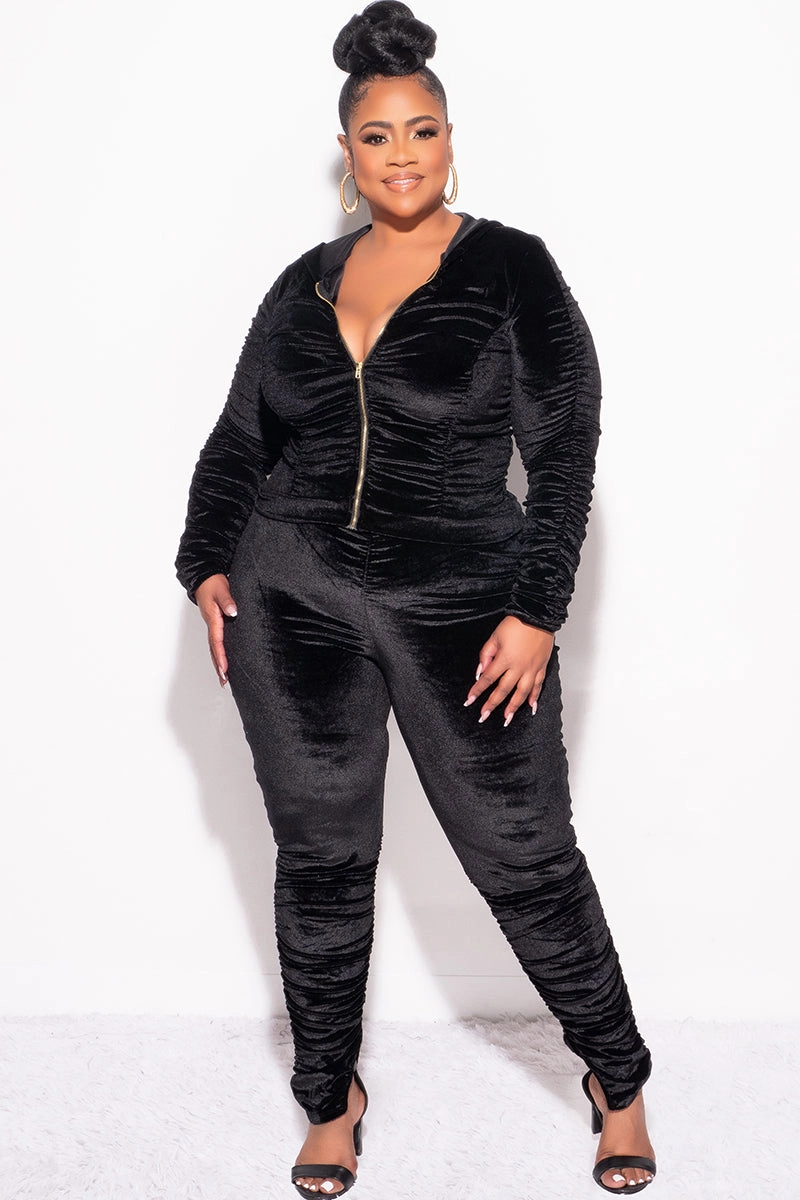 FlexibleMobilityDesign Workwear Final Sale Plus Size 2pc Ruched Hooded Zip-Up Top and Pants Set in Black Velvet