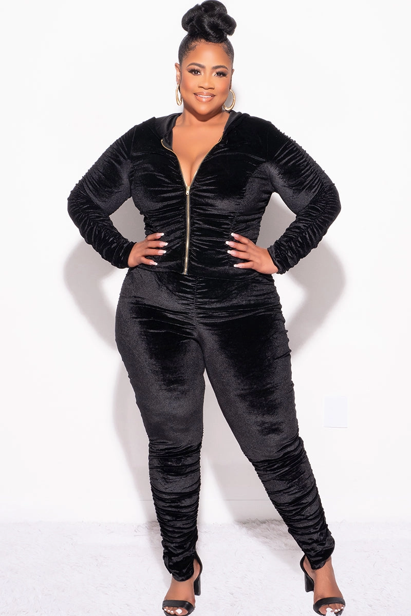 Final Sale Plus Size 2pc Ruched Hooded Zip-Up Top and Pants Set in Black Velvet Warm design