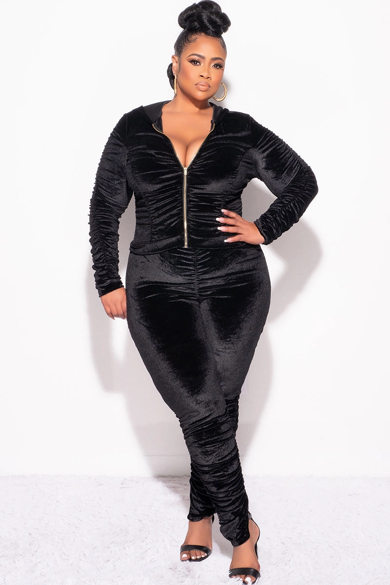 Perfect Movement Final Sale Plus Size 2pc Ruched Hooded Zip-Up Top and Pants Set in Black Velvet