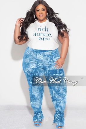 Final Sale Plus Size Sleeveless "Rich Auntie" Graphic Top in White & Blue Print Daily Comfort Fit Stretchable Waist