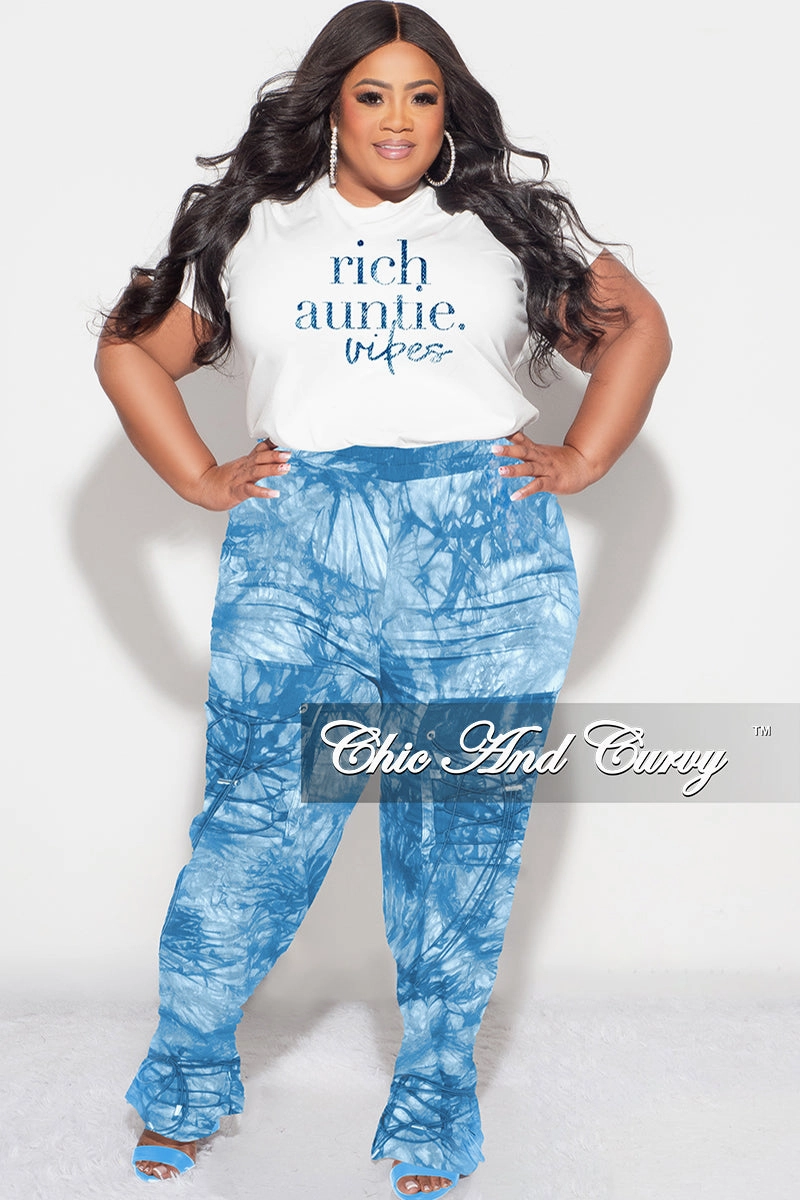 Fashion Fit Final Sale Plus Size Sleeveless "Rich Auntie" Graphic Top in White & Blue Print