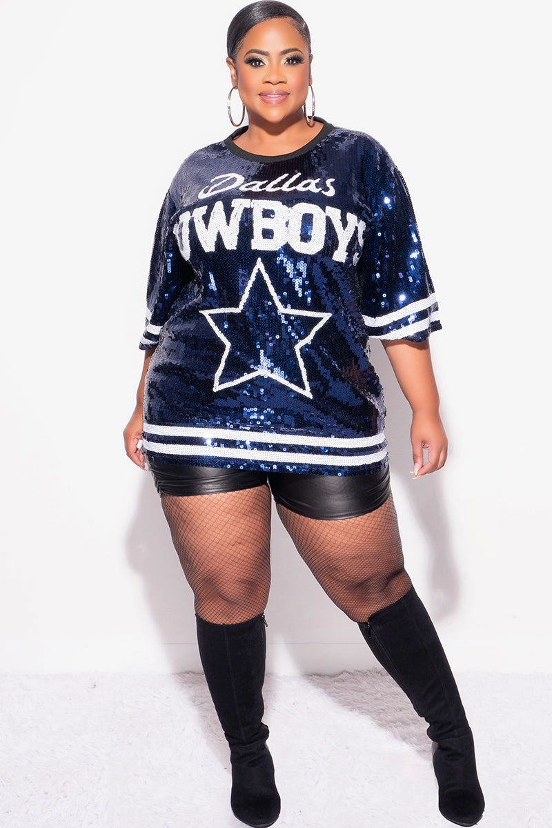 Minimalist Look Final Sale Plus Size Sequin Dallas Cowboys Jersey Top in Navy and White