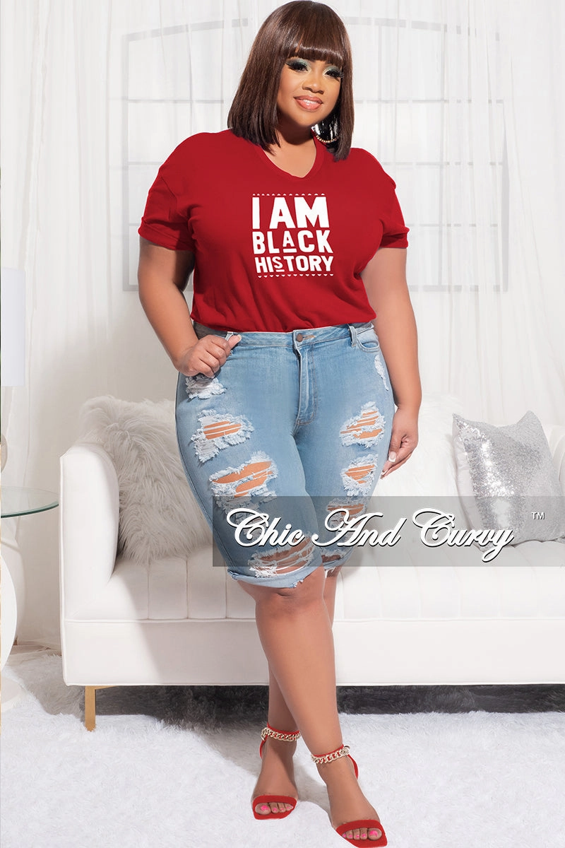 Final Sale Plus Size Short Sleeve Crew Neck I Am Black History T-Shirt in Red High Rise Design Button front