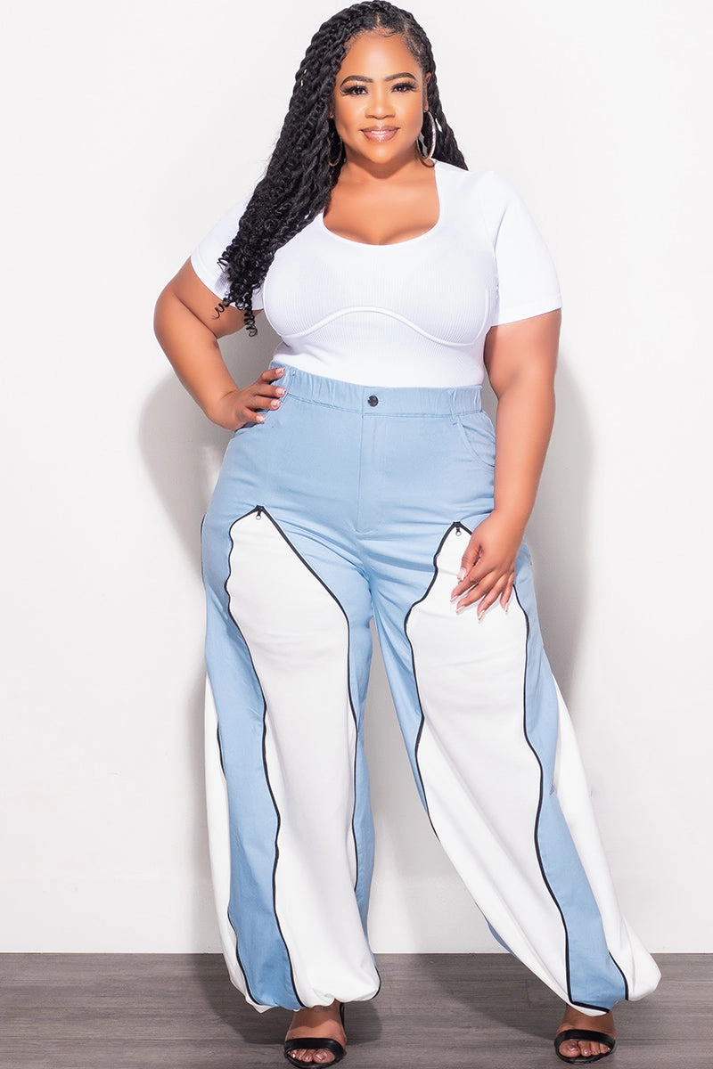 Final Sale Plus Size Color Block Pants in Denim and White Quick Release Buckle