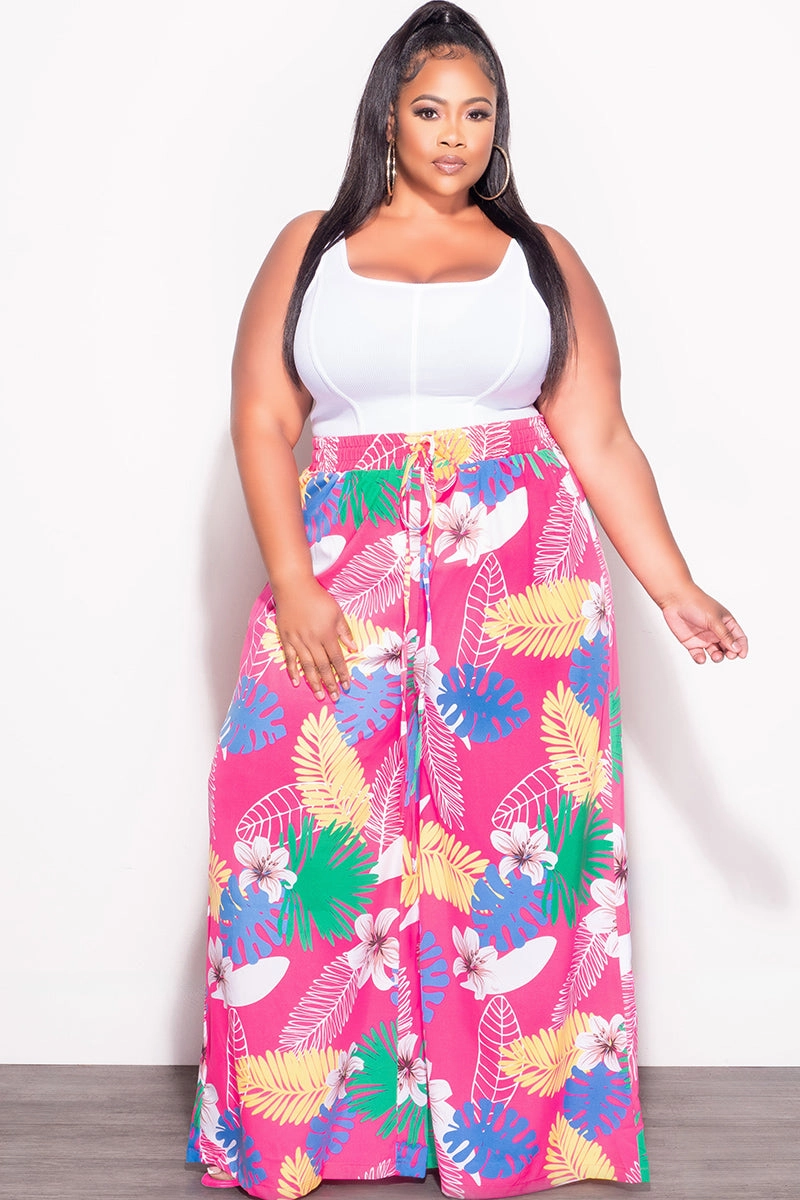 Final Sale Plus Size Pants in Pink Multi Color Leaf Print Stretchable Comfort SoftTouchFinish