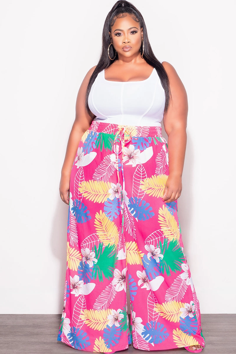 Final Sale Plus Size Pants in Pink Multi Color Leaf Print SmoothZipClosure