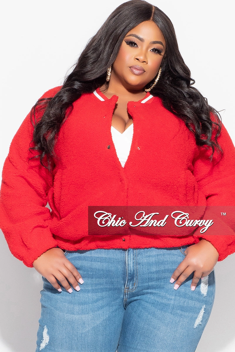 Final Sale Plus Size Teddy Bear Varsity Jacket in Red Sleek Look