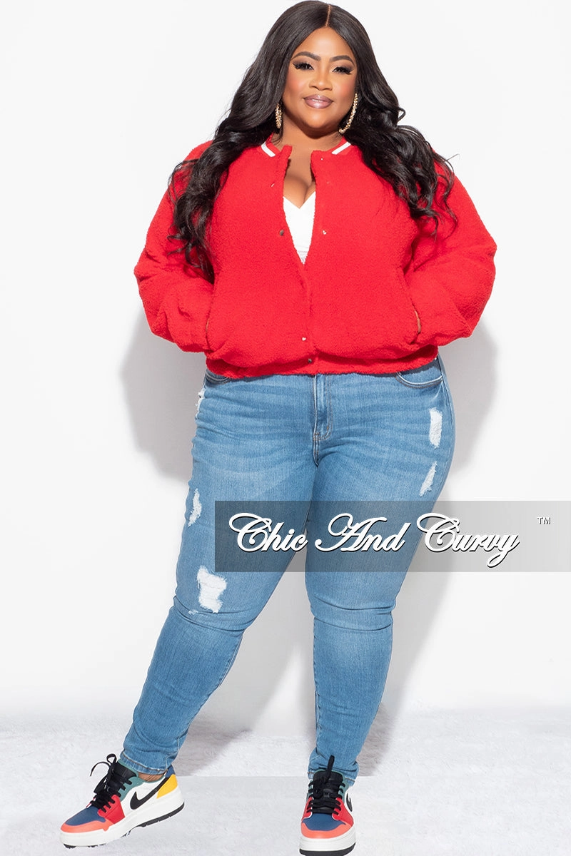 Final Sale Plus Size Teddy Bear Varsity Jacket in Red All Occasion Fit Comfort