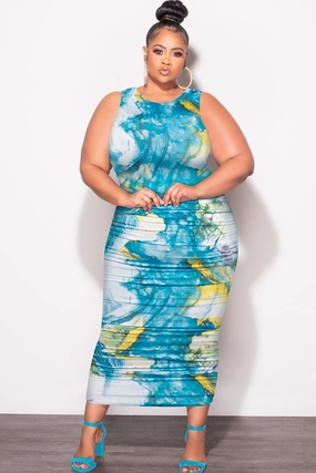 Cold Weather Gear Final Sale Plus Size Sleeveless Ruched Dress In Blue White and Yellow