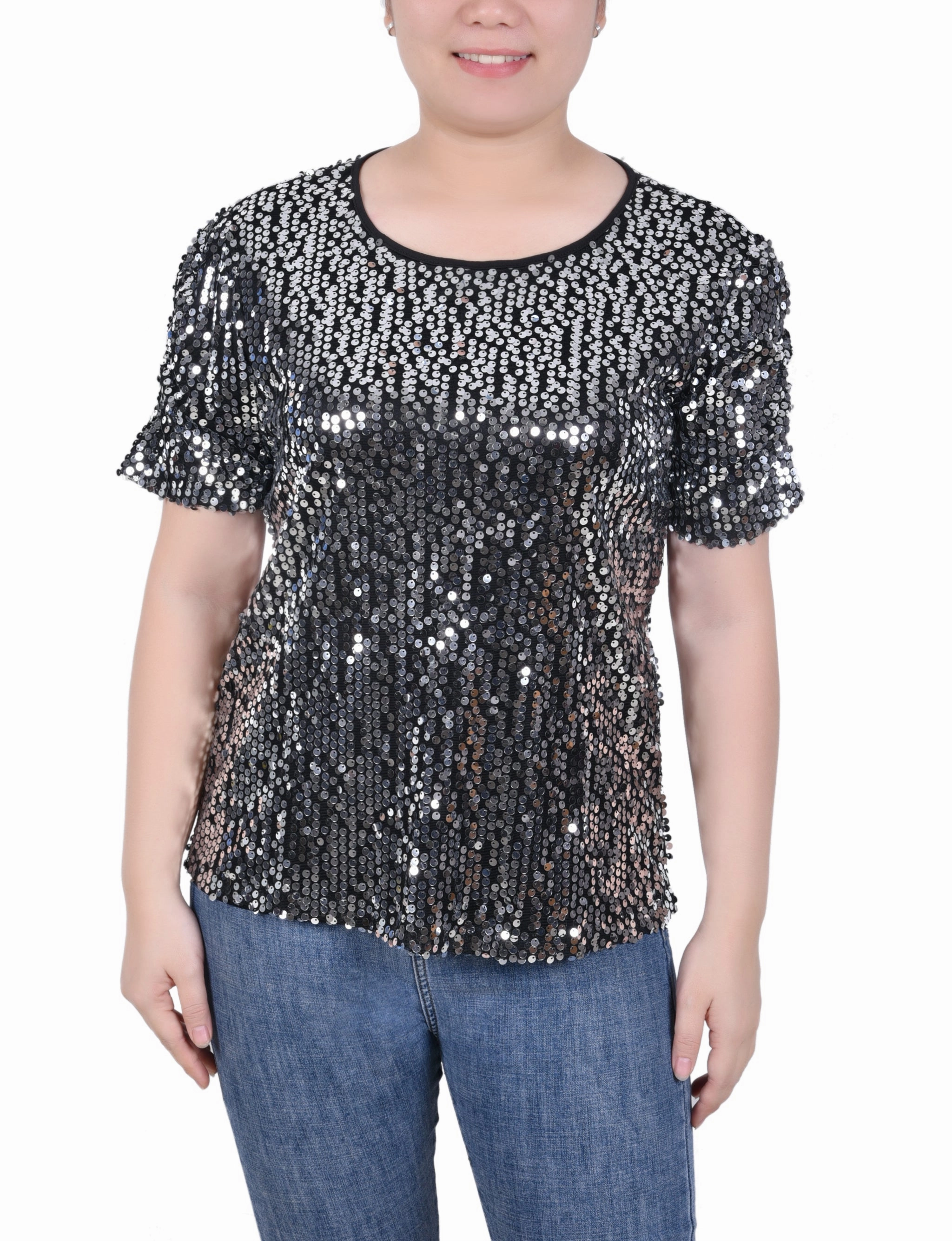 Petite Short Sleeve Sequined Top DoubleLayered Collar FlexibleMobility
