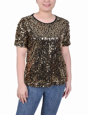 Petite Short Sleeve Sequined Top Abrasion Resistant Surface QuickDryConstruction
