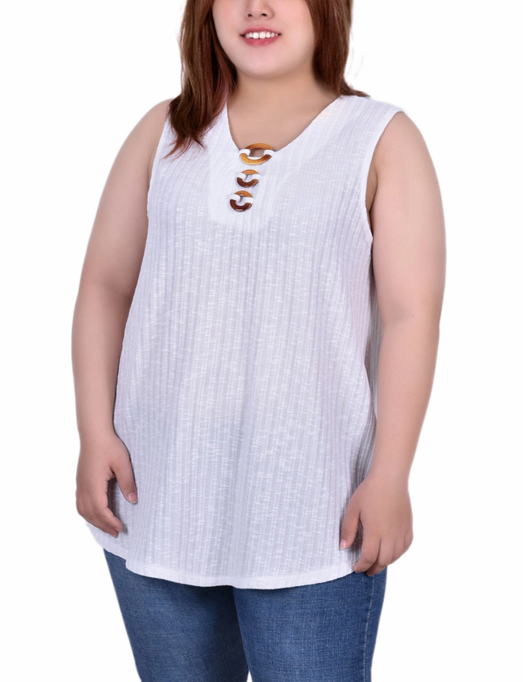 Plus Size Sleeveless Ribbed Top With Triple Rings SeamlessSidePanels Breathable Underarm Gussets