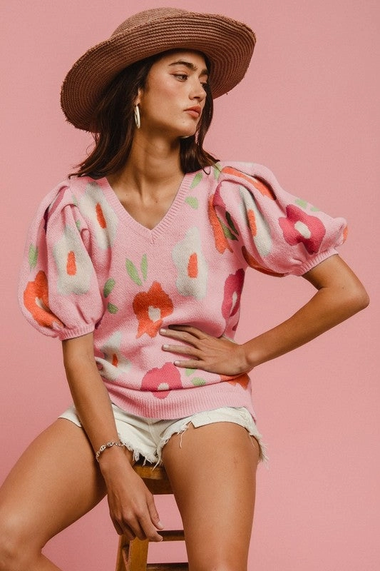 WINNIE FLORAL PATTERN PUFF SLEEVES V-NECK SWEATER S-XL Ribbed Trim Multi Pocket Functional Design