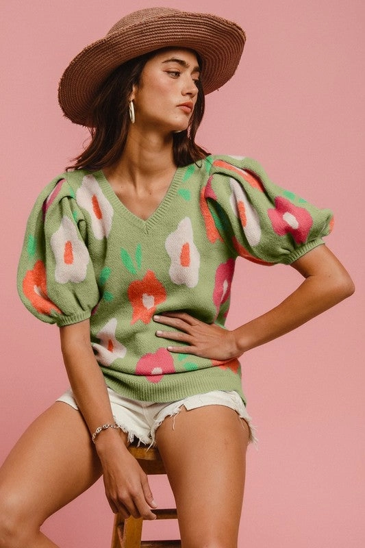 WINNIE FLORAL PATTERN PUFF SLEEVES V-NECK SWEATER S-XL Placket Detailing