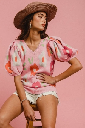 hypoallergenic material WINNIE FLORAL PATTERN PUFF SLEEVES V-NECK SWEATER S-XL