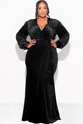 All-Purpose Wear Final Sale Plus Size Faux Wrap Gown with Tie Belt in Black Velvet