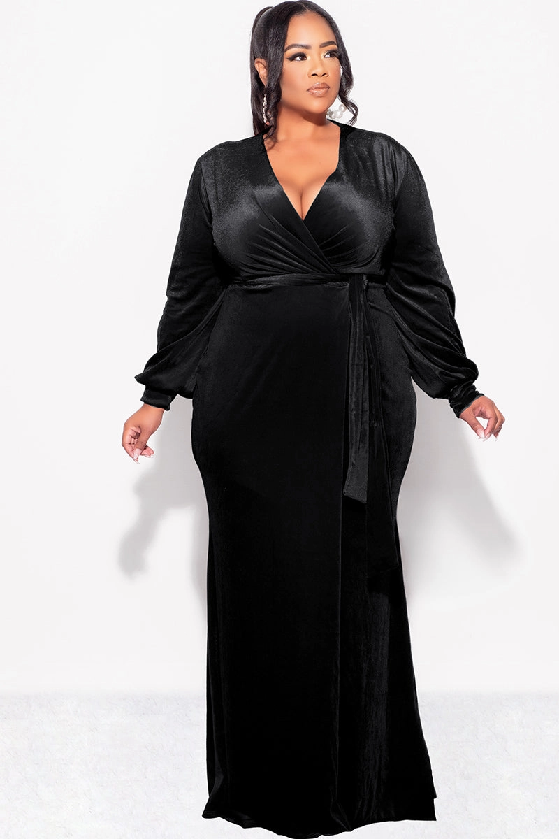 VersatileNeckline Eco Conscious Packaging Final Sale Plus Size Faux Wrap Gown with Tie Belt in Black Velvet
