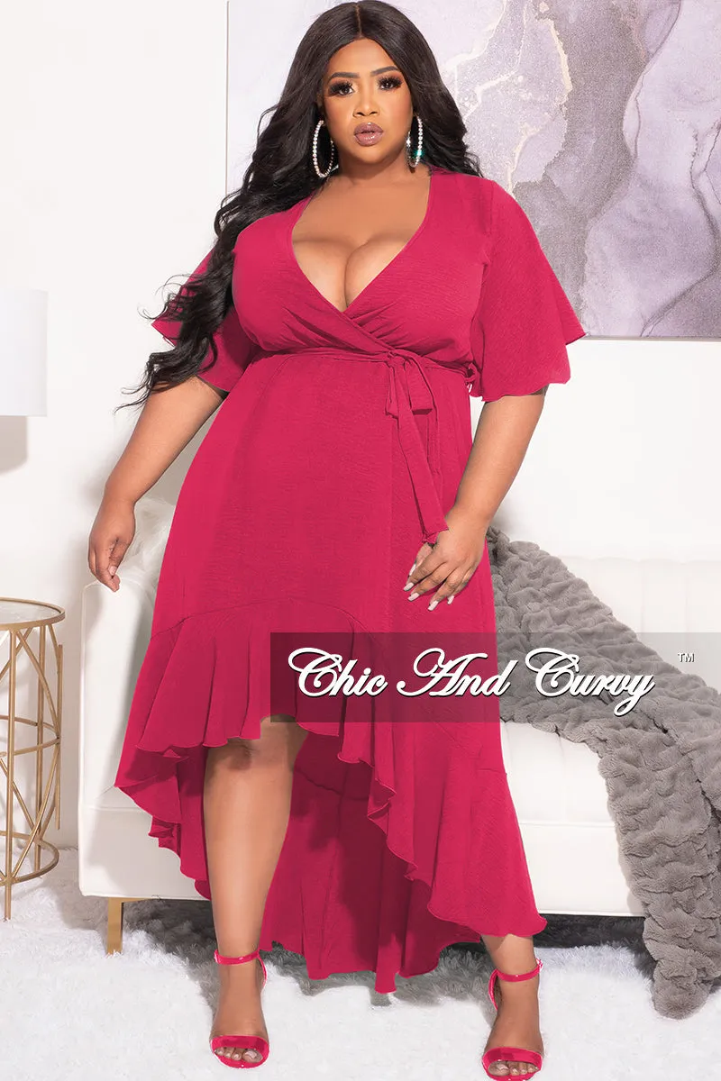 Polyester fabric AbrasionResistantFabric Final Sale Plus Size Faux Wrap High-Low Dress with Waist Tie in Pink Fuchsia