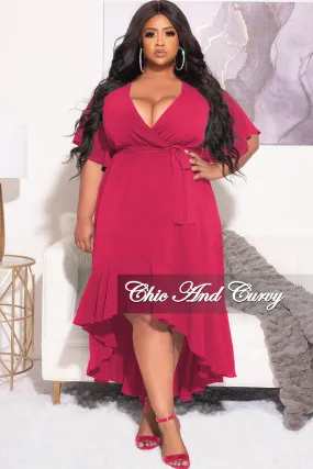 Final Sale Plus Size Faux Wrap High-Low Dress with Waist Tie in Pink Fuchsia Flattering Design