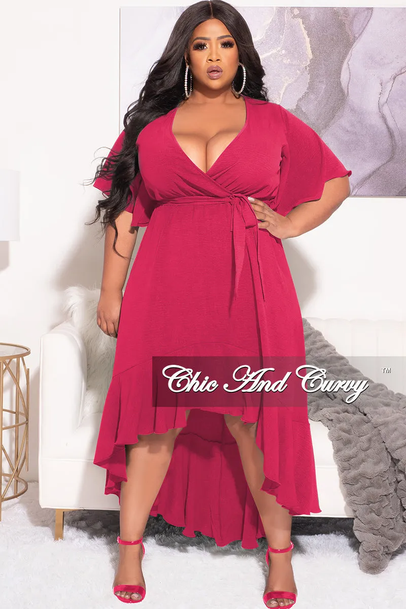 Slim Fit Wear Final Sale Plus Size Faux Wrap High-Low Dress with Waist Tie in Pink Fuchsia