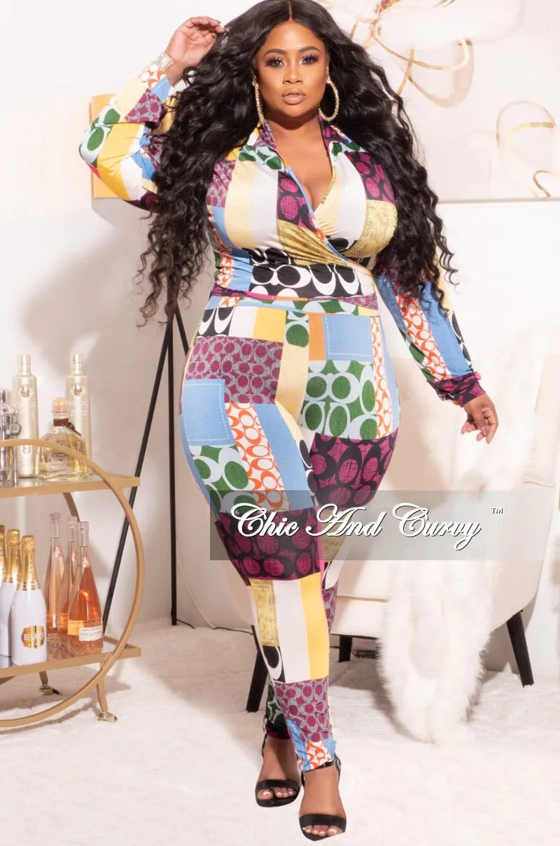Final Sale Plus Size 2pc Set Multi-Colorblock Print Tie Top & Pants No Ride-Up Relaxed Design