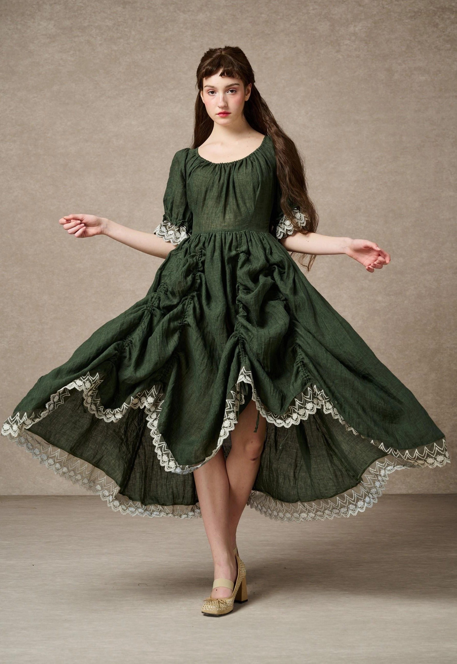 NonBindingWaistline Elowen 27 | Lace Linen dress gown ( 2 way to wear )