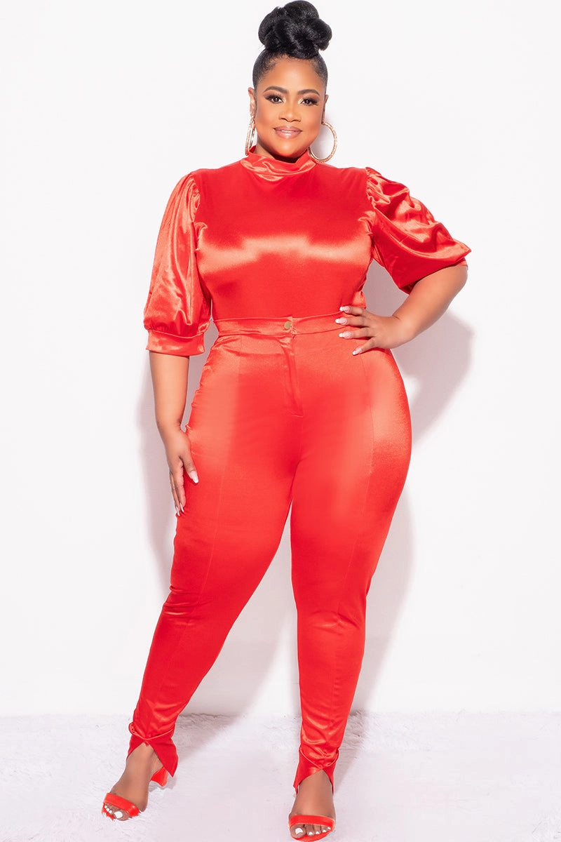 Eco Friendly Fabric Final Sale Plus Size 2pc Satin Puffy Short Sleeve Bodysuit and Pants Set in Red