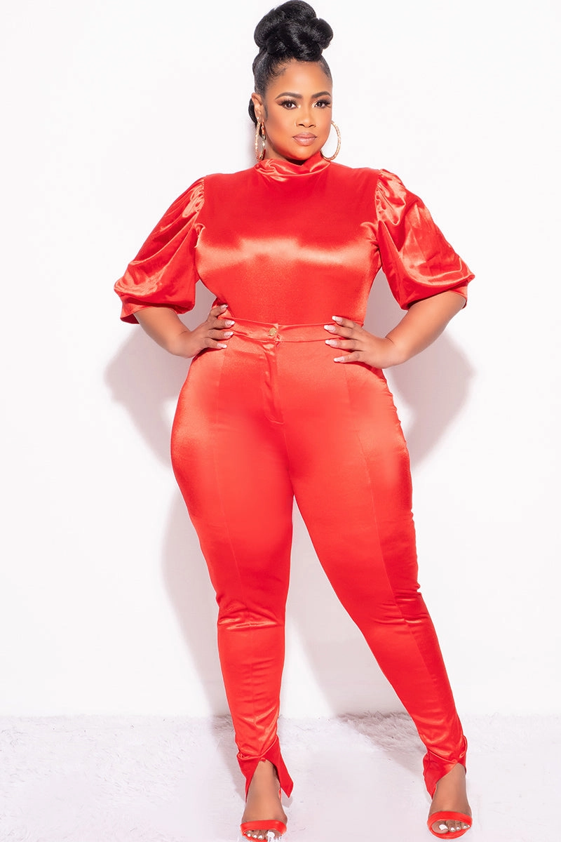 Final Sale Plus Size 2pc Satin Puffy Short Sleeve Bodysuit and Pants Set in Red Anti Pilling Textile Cozy Touch