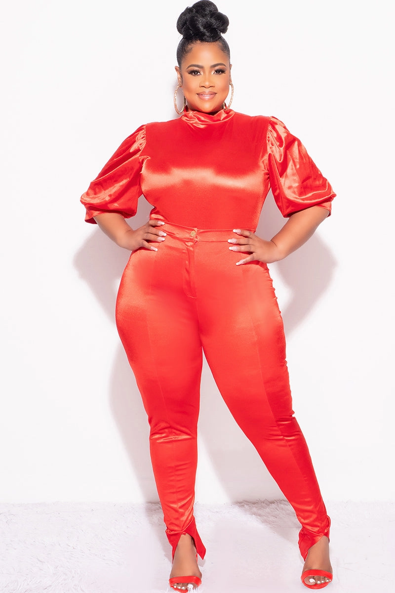 Final Sale Plus Size 2pc Satin Puffy Short Sleeve Bodysuit and Pants Set in Red Minimal Cut AntiPillingFabric