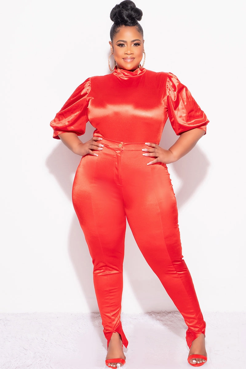 Final Sale Plus Size 2pc Satin Puffy Short Sleeve Bodysuit and Pants Set in Red Everyday Flex