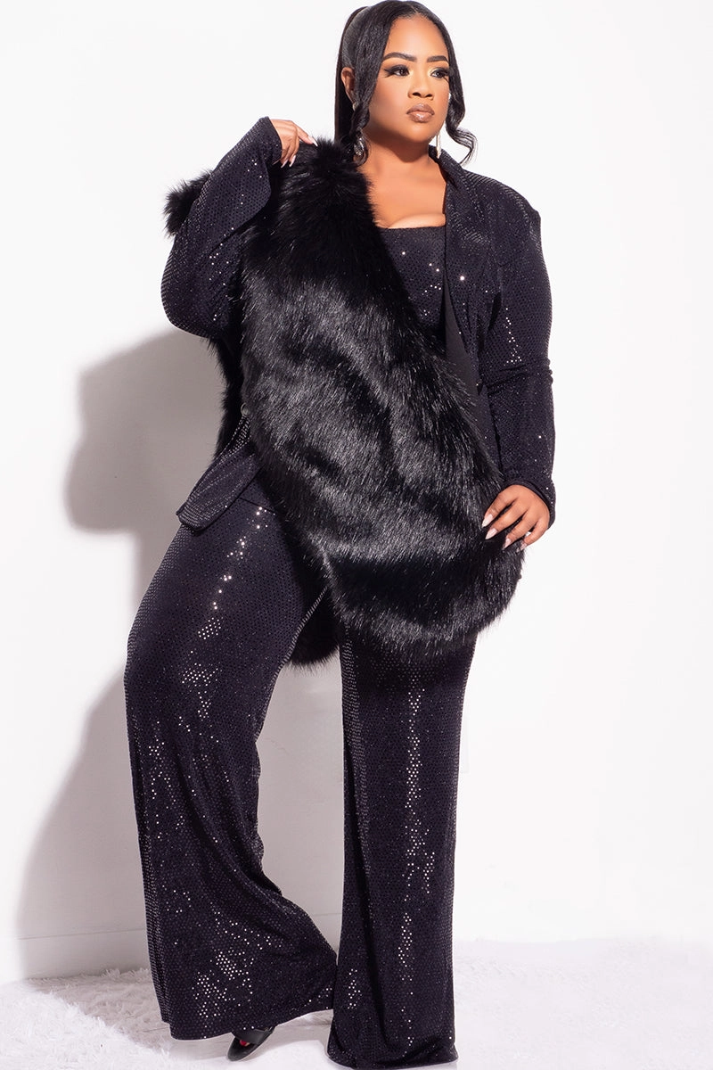 Final Sale Plus Size 3pc Confetti Dot Knit Sequin Pant Set in Black (Wide Legs) Thermal Insulation Layer No Chafe