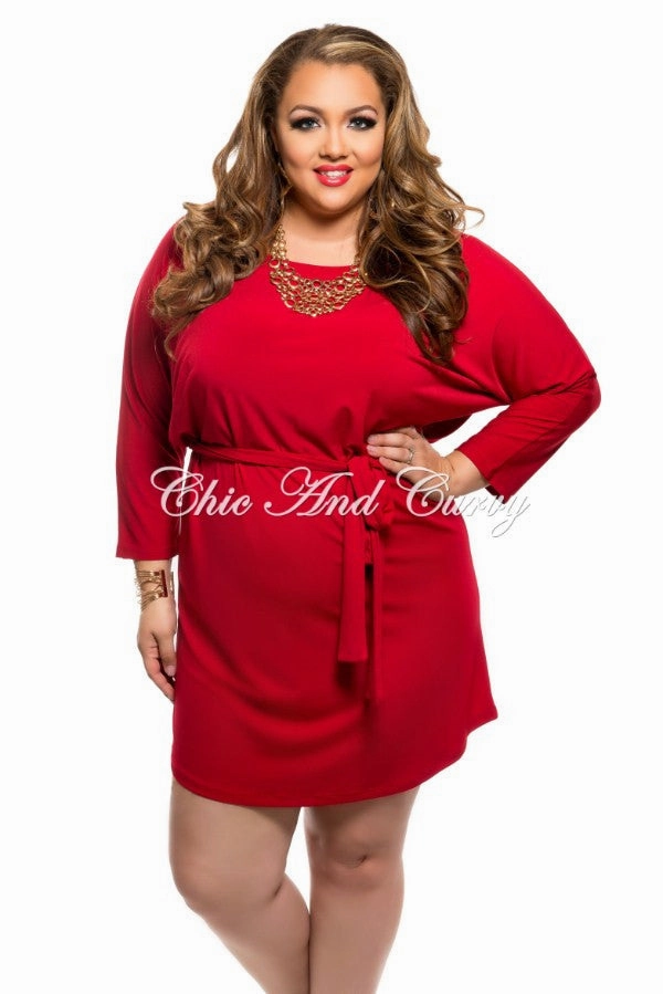 Final Sale Plus Size Shirt Dress with Tie in Red Tough Flex