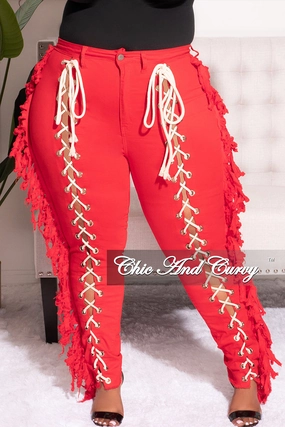Comfortable Design Wrinkle-Resistant Final Sale Plus Size Tassel with Taupe Lace Up Jeans in Red Denim