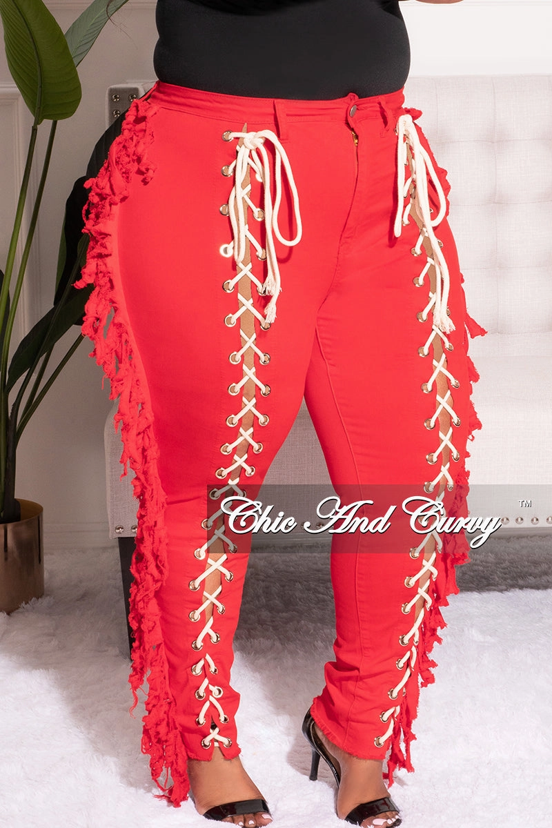 Casual Comfort Look Flexible Performance Final Sale Plus Size Tassel with Taupe Lace Up Jeans in Red Denim