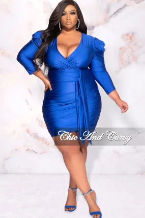 Final Sale Plus Size Faux Wrap Puffy Sleeve BodyCon Dress in Royal Blue Comfort Flex