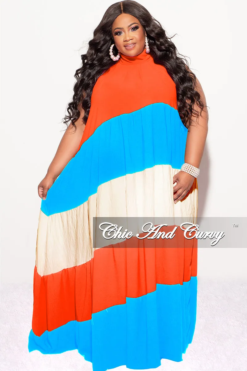 Button front Lightweight Layer Final Sale Plus Size Halter Maxi Dress In Orange Turquoise and Cream