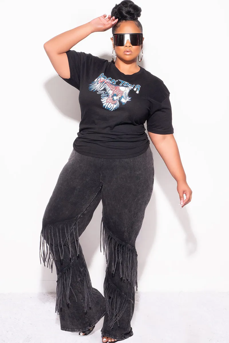 Flat waistband Slim Comfort Final Sale Plus Size "Rock Tour'" Graphic Top in Black and Blue