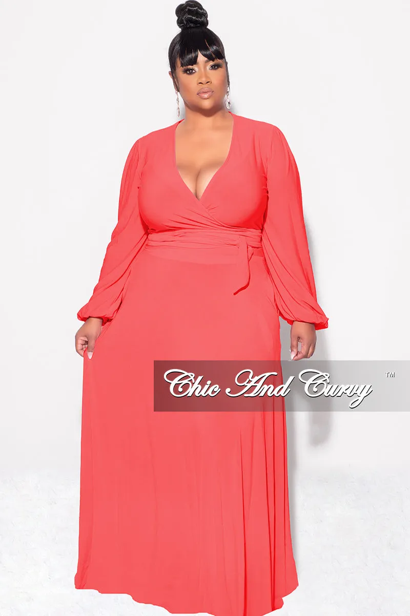 Quick-Dry Fabric Mesh Comfort Final Sale Plus Size 2pc Long Sleeve Crop Tie Top and Skirt Set in Orange