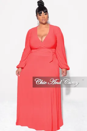 Final Sale Plus Size 2pc Long Sleeve Crop Tie Top and Skirt Set in Orange Soft Stretch